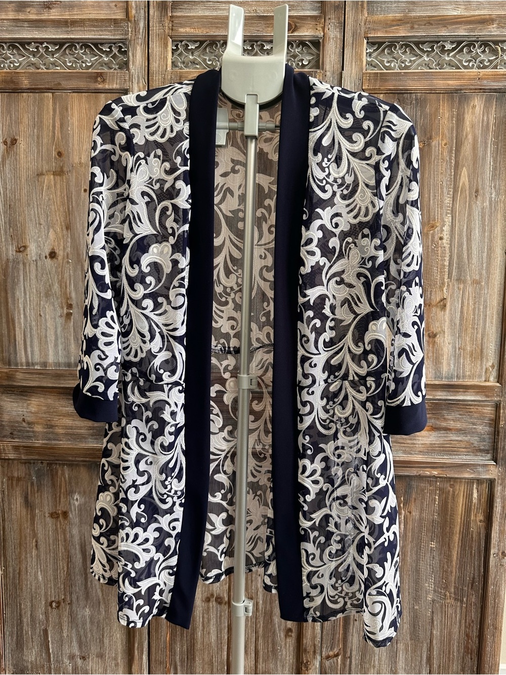Navy & White Floral Open-Front Blazer Jacket